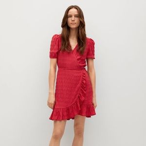 NWT MNG Mango Textured Wrap Crossover Ruffle Mini Dress Fuchsia/Red - Medium